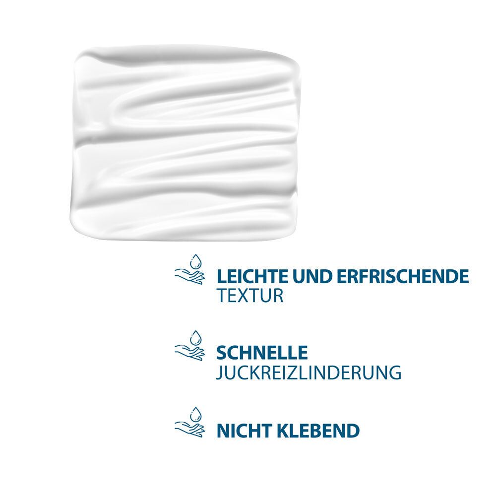 Texture crema quadrata. Testo: Texture leggera e rinfrescante, sollievo rapido, non appiccicoso.