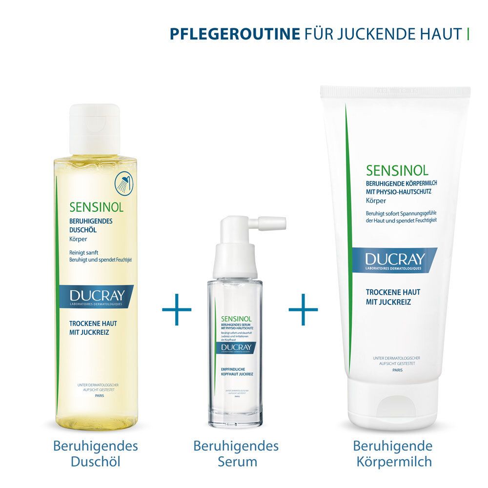 Tre prodotti: Olio doccia, siero, latte corpo. Marchio: DUCRAY. Per pelli pruriginose. Cura lenitiva.