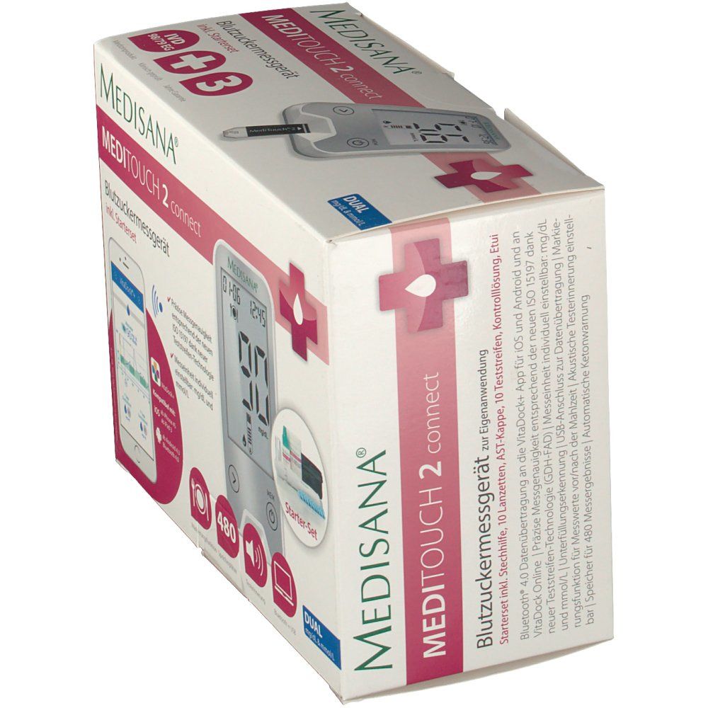 Vista obliqua della confezione del prodotto. Mostra il glucometro e gli accessori. Contiene informazioni sull'app per smartphone.