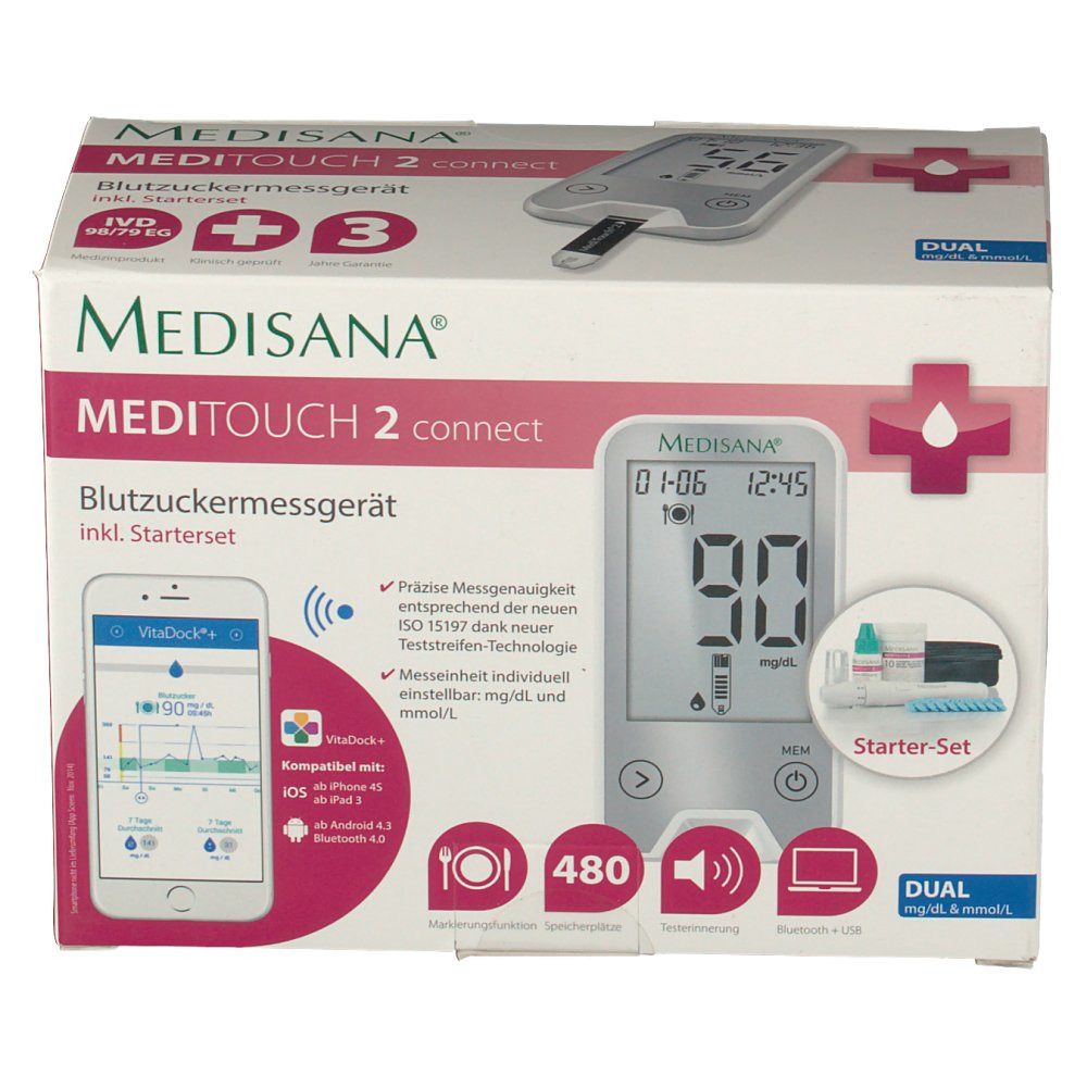 Confezione del prodotto con glucometro e accessori. Contiene informazioni sull'app per smartphone e misurazioni. Kit iniziale incluso.