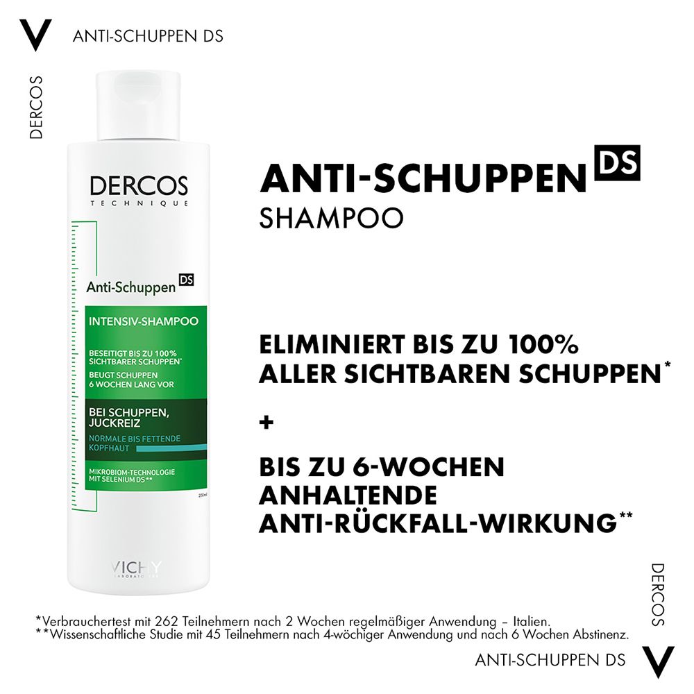 Shampoo bianco con dettagli verdi. Testo: Shampoo antiforfora. Elimina la forfora, allevia il prurito.
