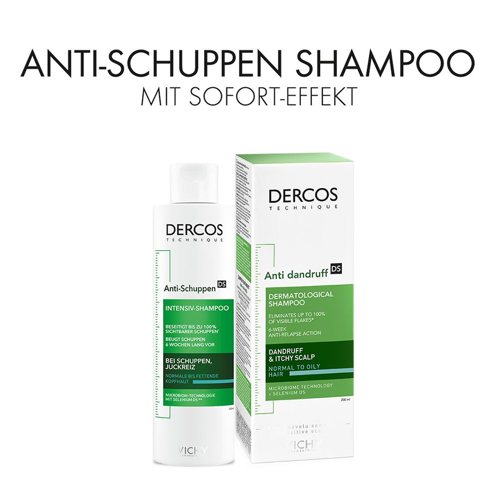 Shampoo e confezione. Testo: Shampoo antiforfora. Shampoo dermatologico. Contro forfora, prurito.
