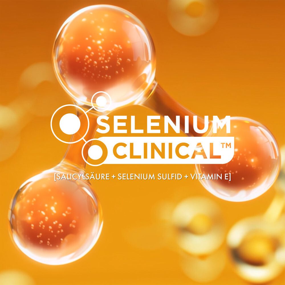 Struttura molecolare con logo "Selenium Clinical" e ingredienti: acido salicilico, solfuro di selenio, vitamina E.