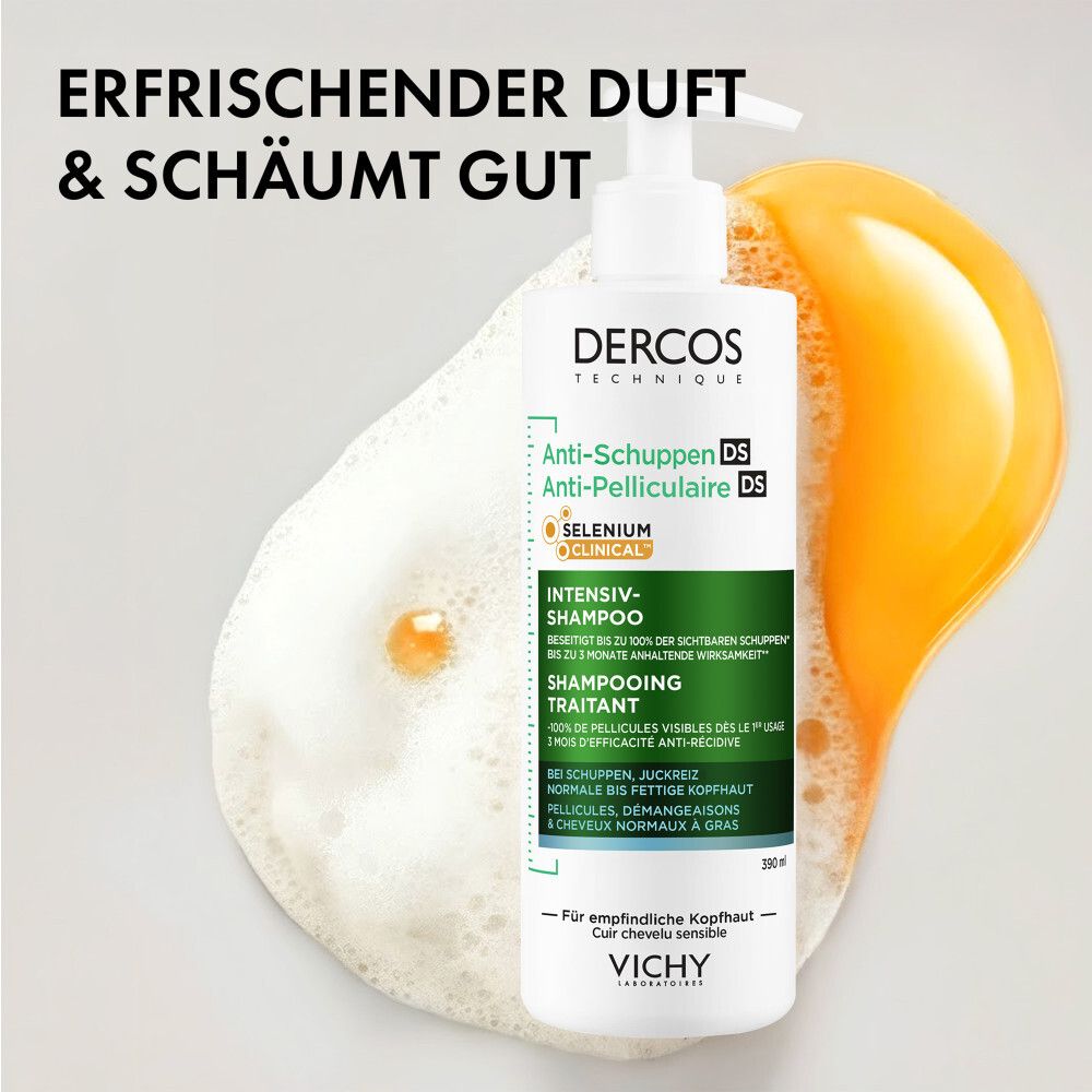 Flacone Dercos Anti-Forfora DS Shampoo Trattante al Selenio. Dispenser bianco, etichette verdi e bianche. Schiuma e liquido arancione accanto.