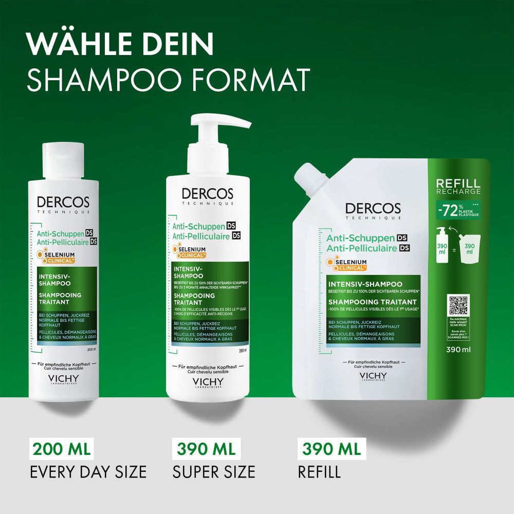 Tre formati di shampoo Dercos Anti-Forfora: flacone da 200ml, flacone da 390ml con dosatore, ricarica da 390ml.