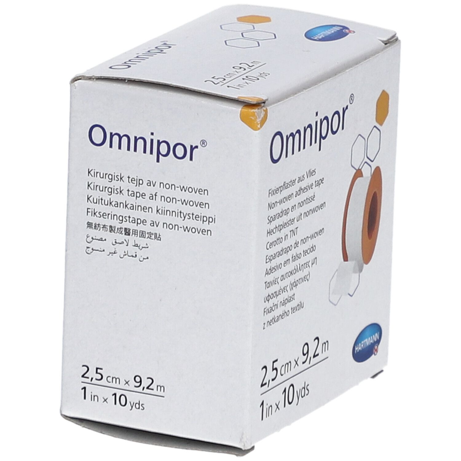 Scatola di cerotto Omnipor®. Scritte: nome prodotto, dimensioni 2,5 cm x 9,2 m, logo Hartmann. Rotolo di cerotto visibile.