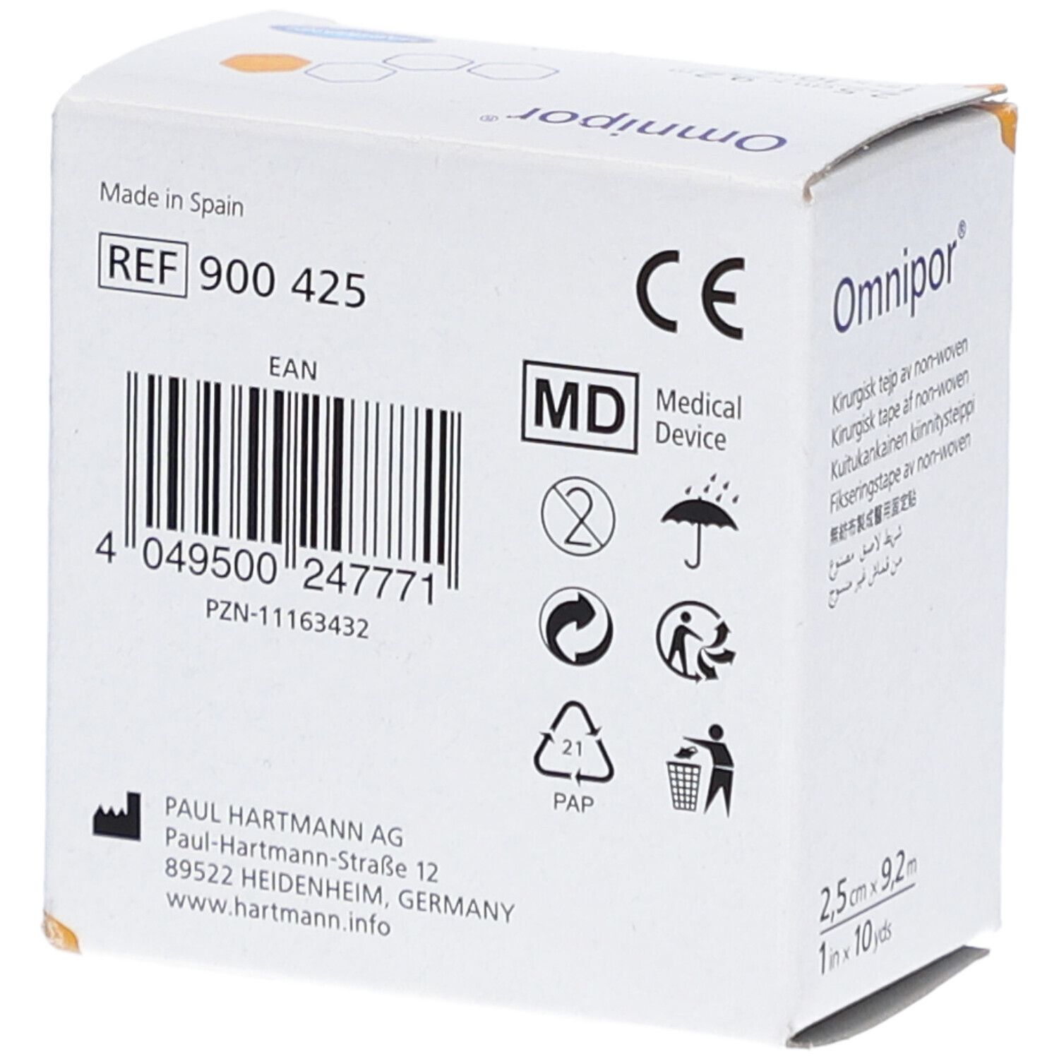 Retro confezione Omnipor®. Informazioni: produttore, indirizzo, codice a barre, numero REF, marchio CE, dispositivo medico.