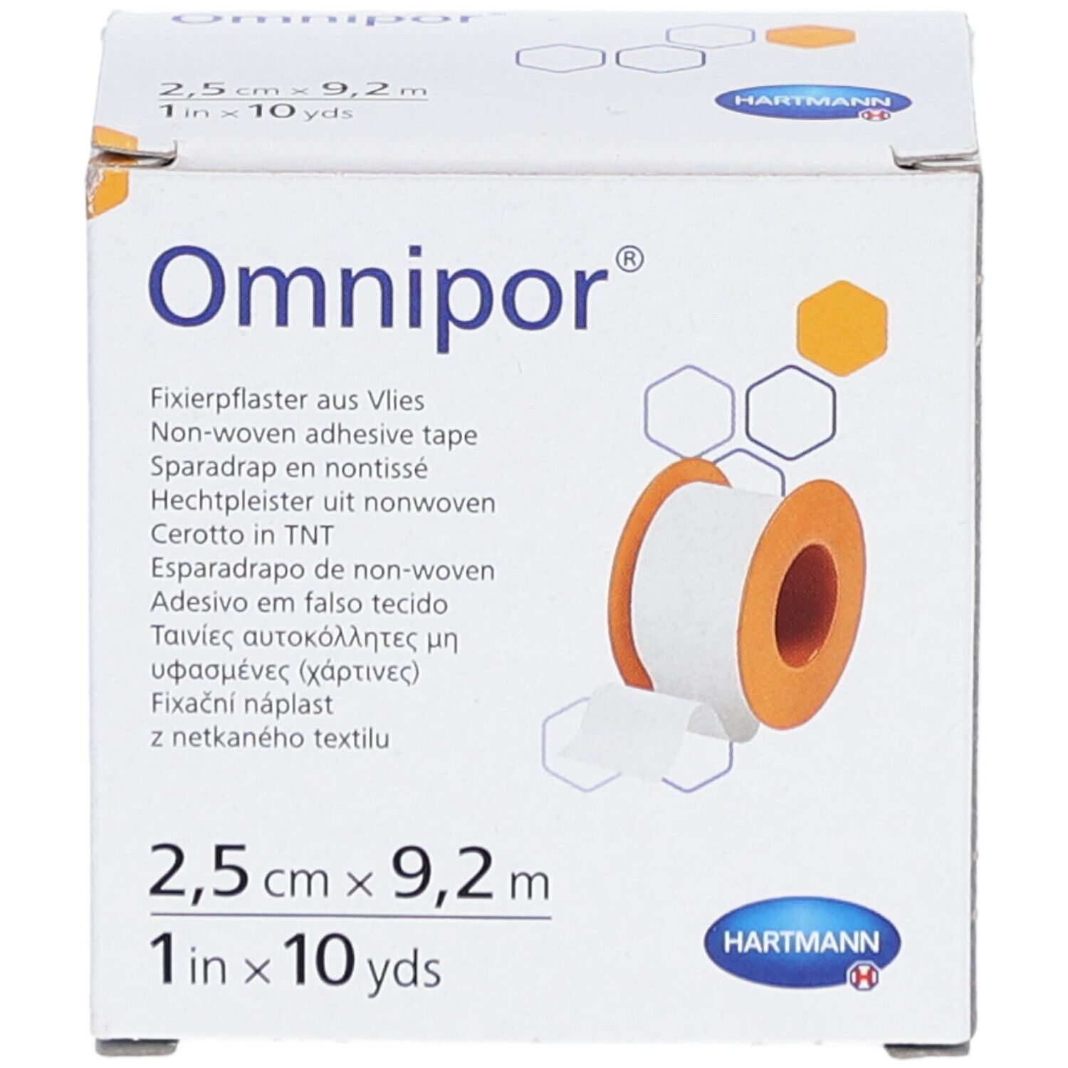 Scatola di cerotto Omnipor®. Scritte: nome prodotto, dimensioni 2,5 cm x 9,2 m, logo Hartmann. Rotolo di cerotto visibile.