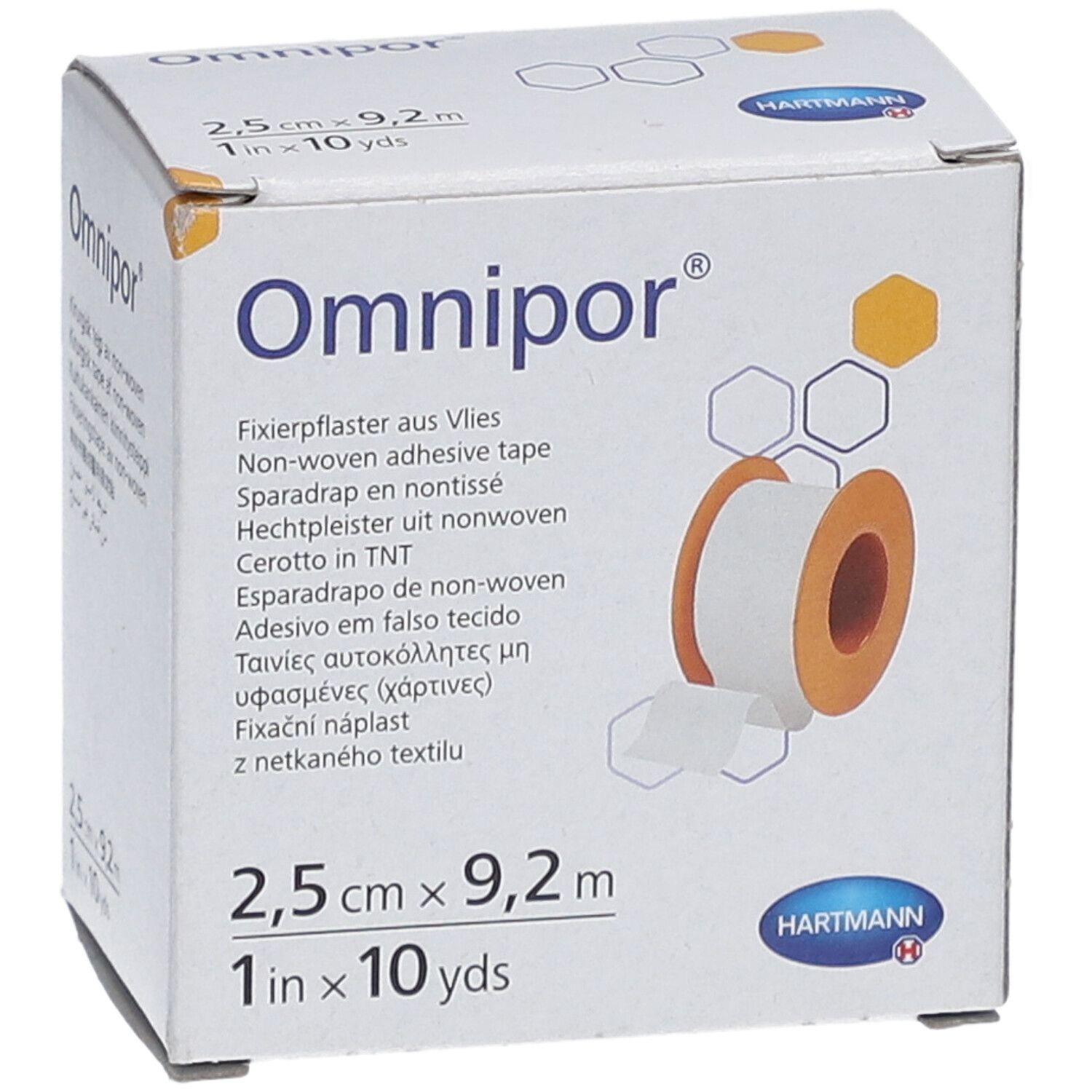 Scatola di cerotto Omnipor®. Scritte: nome prodotto, dimensioni 2,5 cm x 9,2 m, logo Hartmann. Rotolo di cerotto visibile.