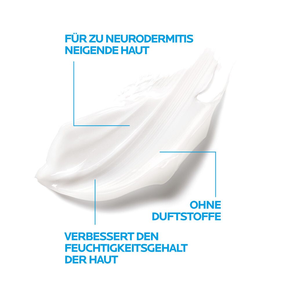 Testo e strato di crema. Testo: Per pelli a tendenza neurodermite. Senza profumo. Migliora l'idratazione.
