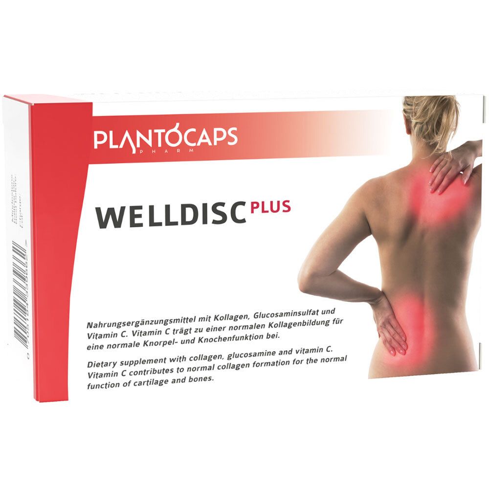 Confezione di plantoCAPS® WELLDISC® PLUS con immagine di una schiena con punti di dolore.