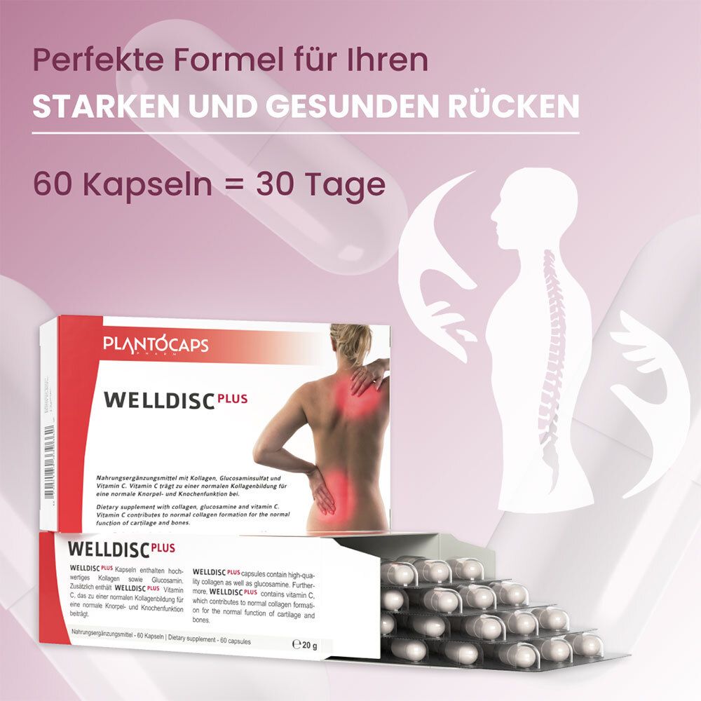 Confezione e blister di plantoCAPS® WELLDISC® PLUS, con grafica di una colonna vertebrale.