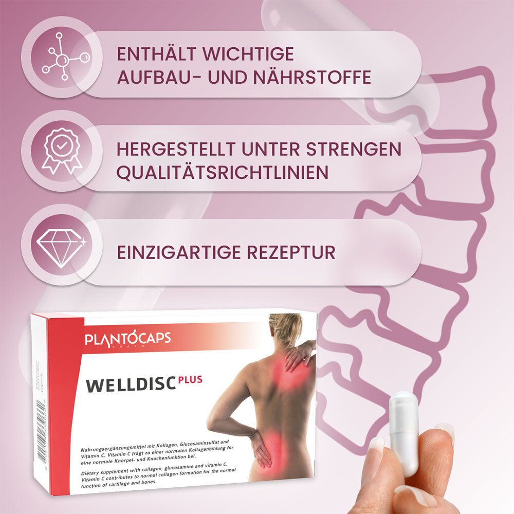 Confezione di plantoCAPS® WELLDISC® PLUS, una mano tiene una capsula. Icone per nutrienti, qualità e formula.