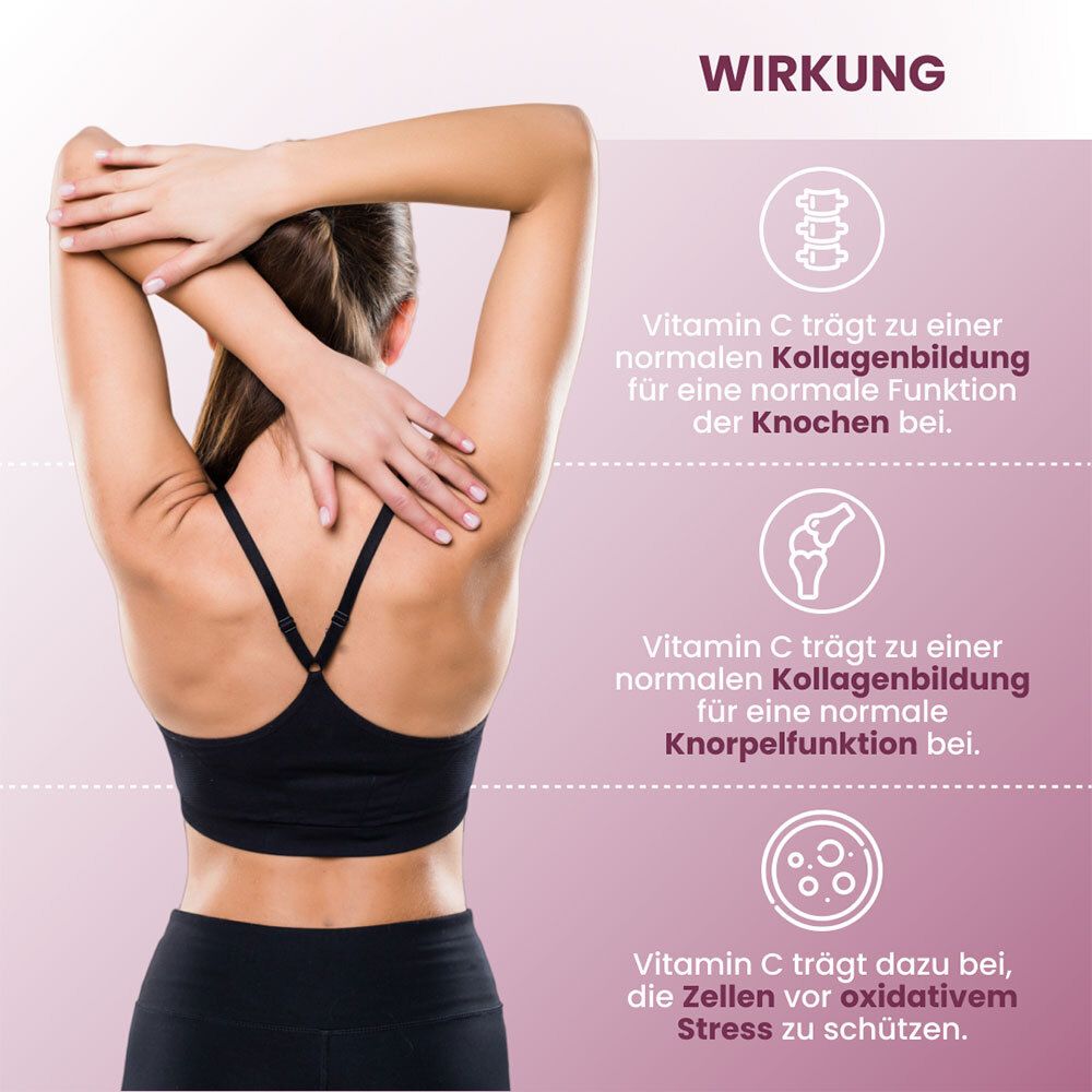 Vista posteriore di una donna con le mani sul collo. Testo sull'effetto della vitamina C su ossa e cartilagine.