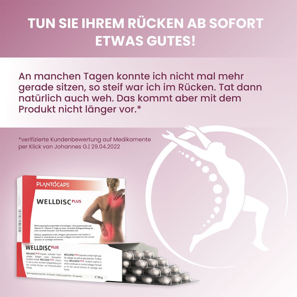 Confezione e blister di plantoCAPS® WELLDISC® PLUS, con grafica di una figura in movimento.