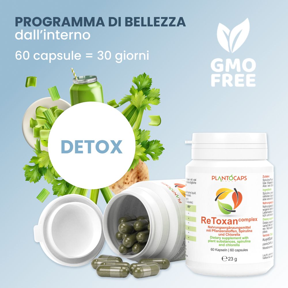 Barattolo plantoCAPS® ReToxan complex accanto a un contenitore aperto con capsule verdi, circondato da sedano e un frullato verde.