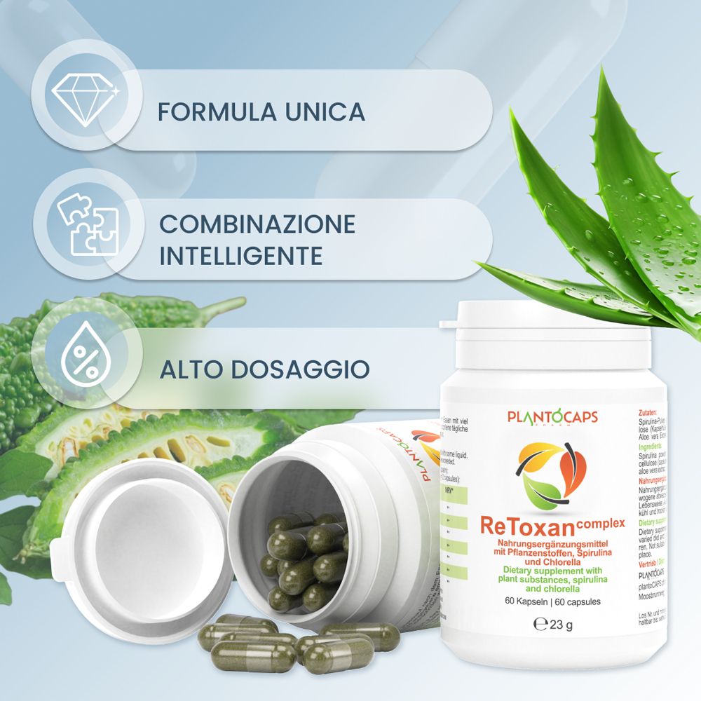 Barattolo plantoCAPS® ReToxan complex accanto a un contenitore aperto con capsule verdi, con Aloe Vera e melone amaro.