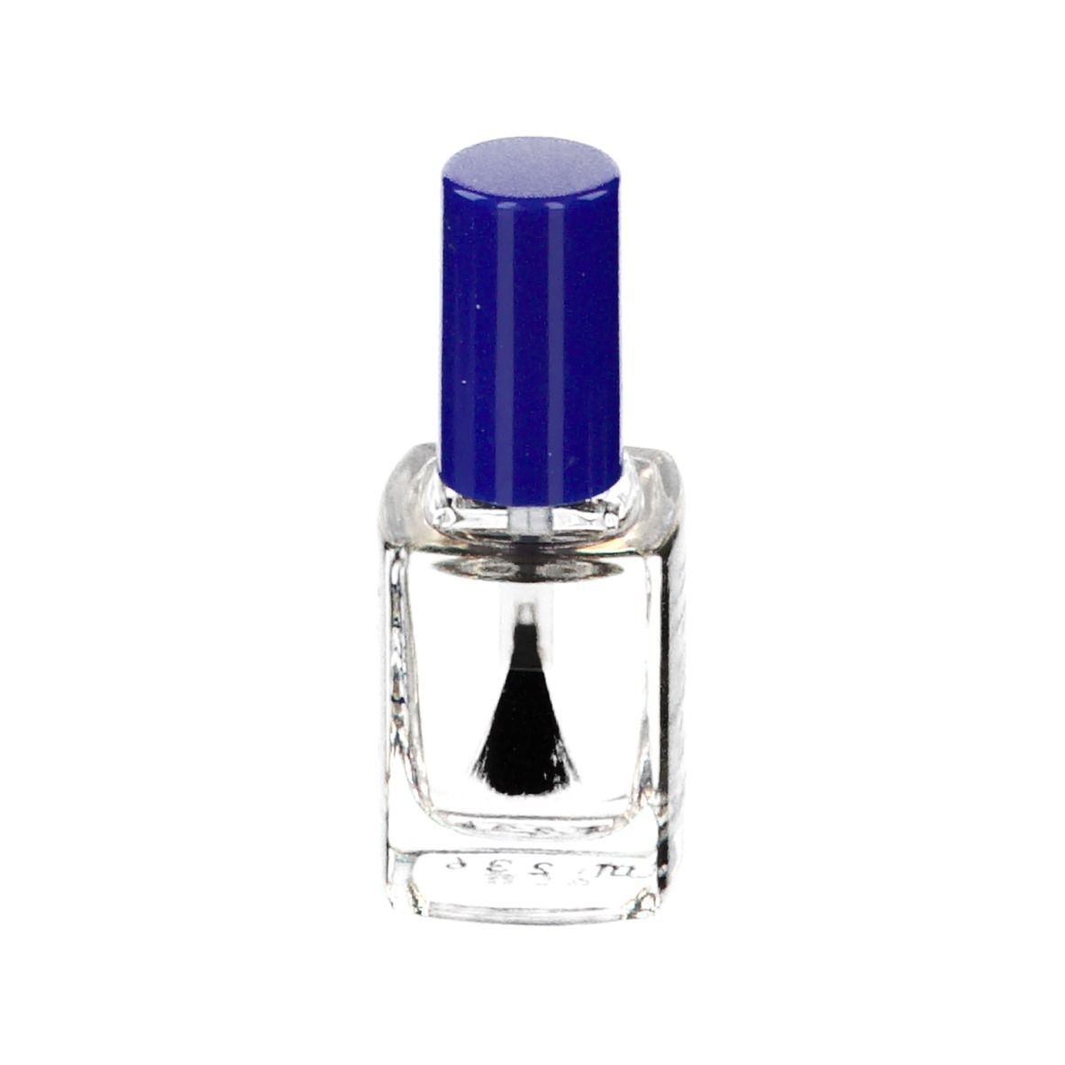 Flacone di smalto trasparente con tappo blu. Pennello visibile. Scritta: ECRINAL, smalto amaro, formula rinforzata.