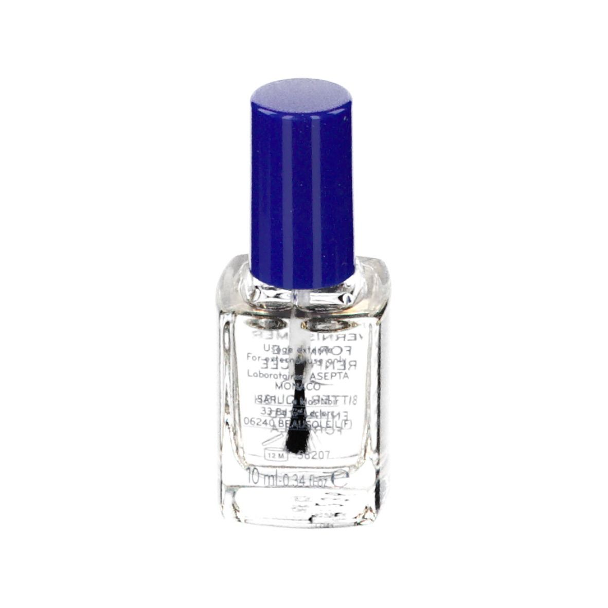 Flacone di smalto trasparente con tappo blu. Scritta: ECRINAL, smalto amaro, formula rinforzata, 10 ml.