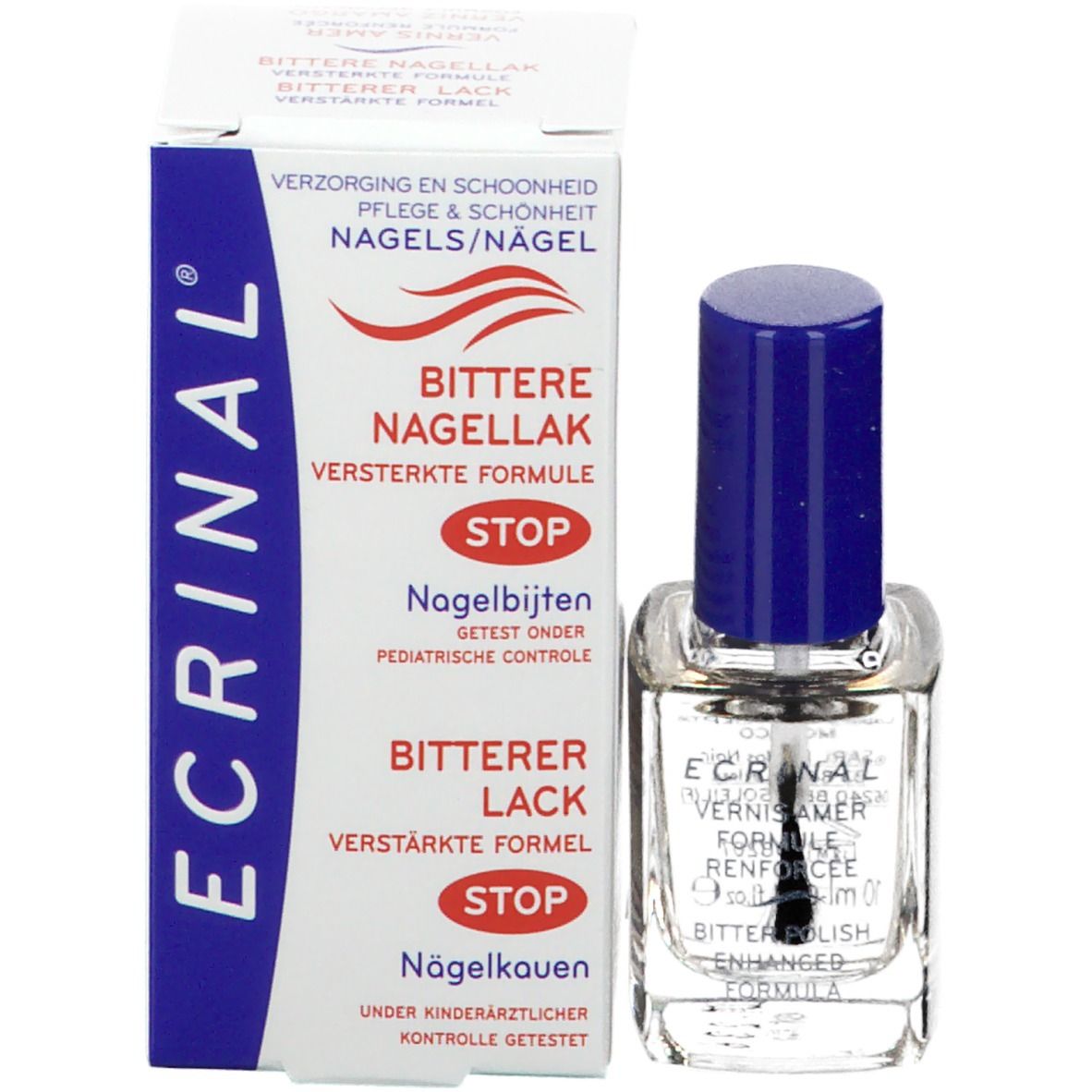 Flacone di smalto e confezione. Confezione con logo ECRINAL e informazioni sul prodotto. Smalto con tappo blu.