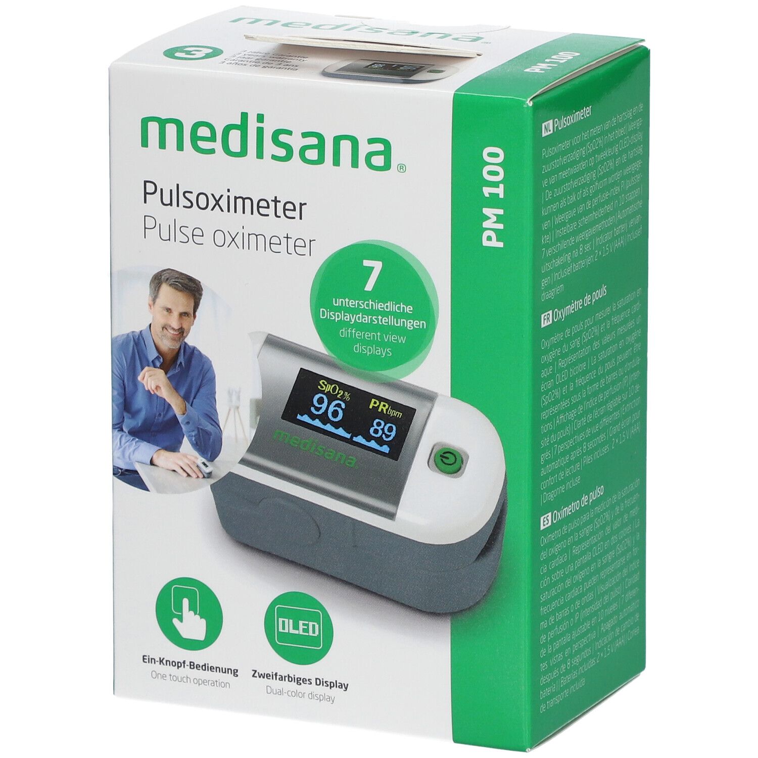 Confezione Medisana PM 100. Pulsossimetro con display che mostra saturazione ossigeno e frequenza cardiaca. Nome del prodotto visibile.