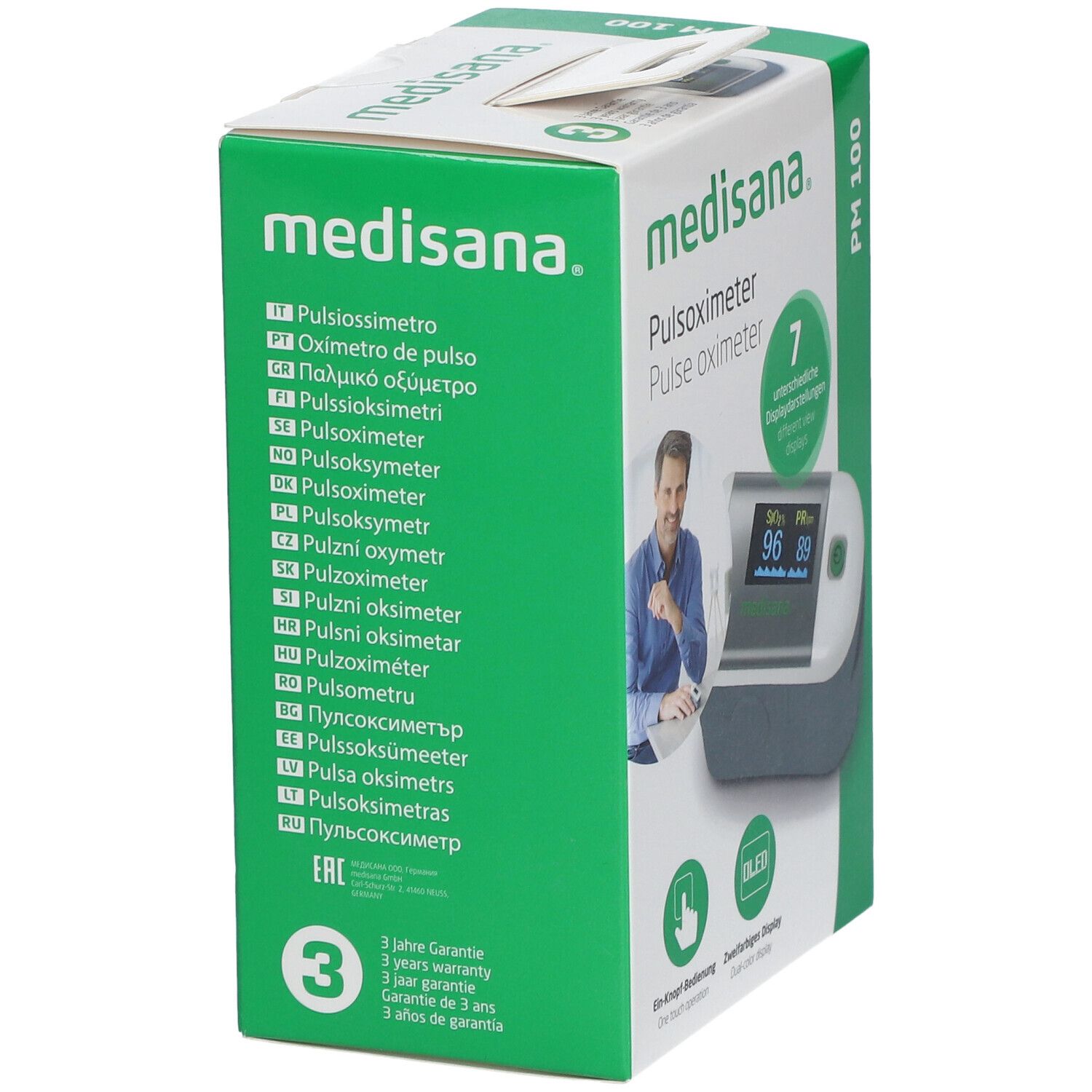 Confezione Medisana PM 100. Pulsossimetro con nome e immagine. 7 impostazioni display. Unico pulsante e display OLED.