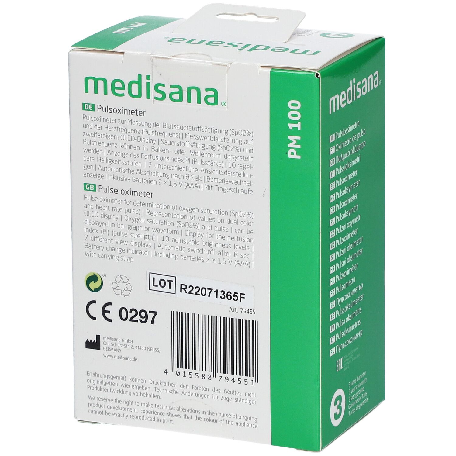 Retro confezione Medisana PM 100. Informazioni prodotto multilingue. Marchio CE e numero di lotto.