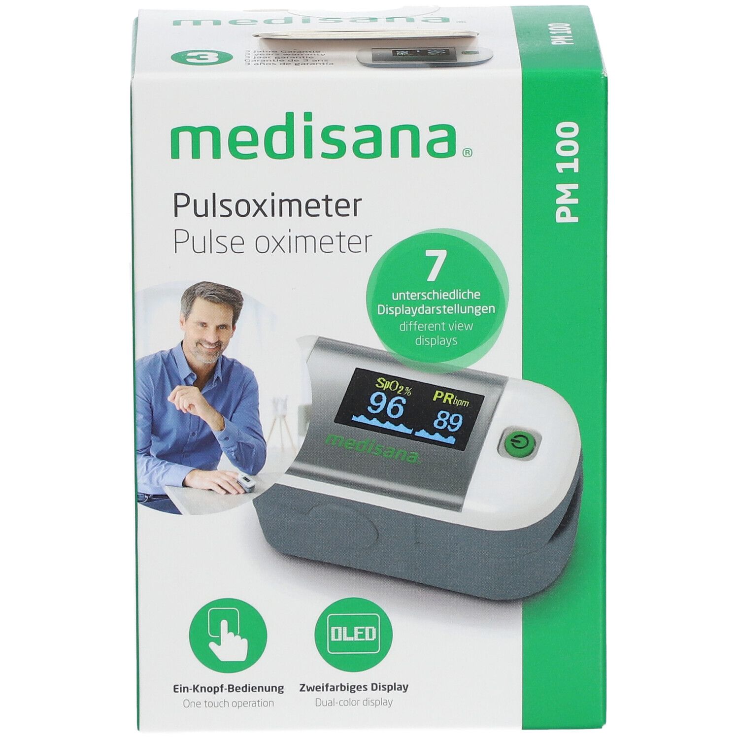 Confezione Medisana PM 100. Pulsossimetro con nome e immagine. 7 impostazioni display. Unico pulsante e display OLED.