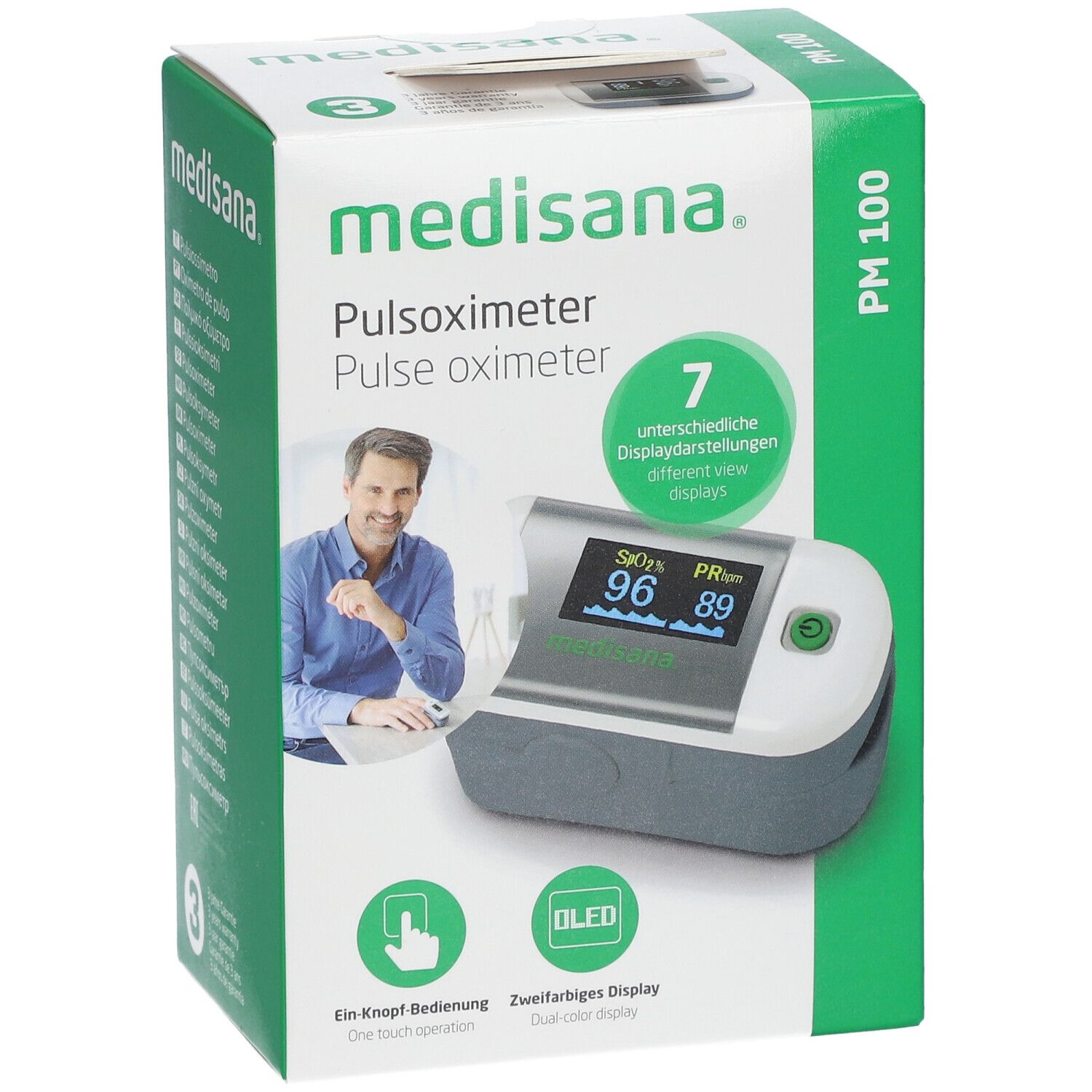 Confezione Medisana PM 100. Pulsossimetro con nome e immagine. 7 impostazioni display. Unico pulsante e display OLED.