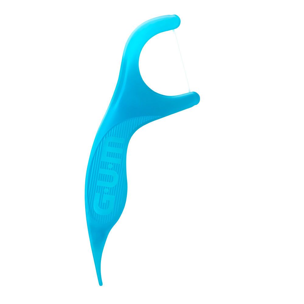 GUM Easy-Flosser blu. Manico con logo GUM. Filo interdentale teso. Per maggiore controllo e comfort.
