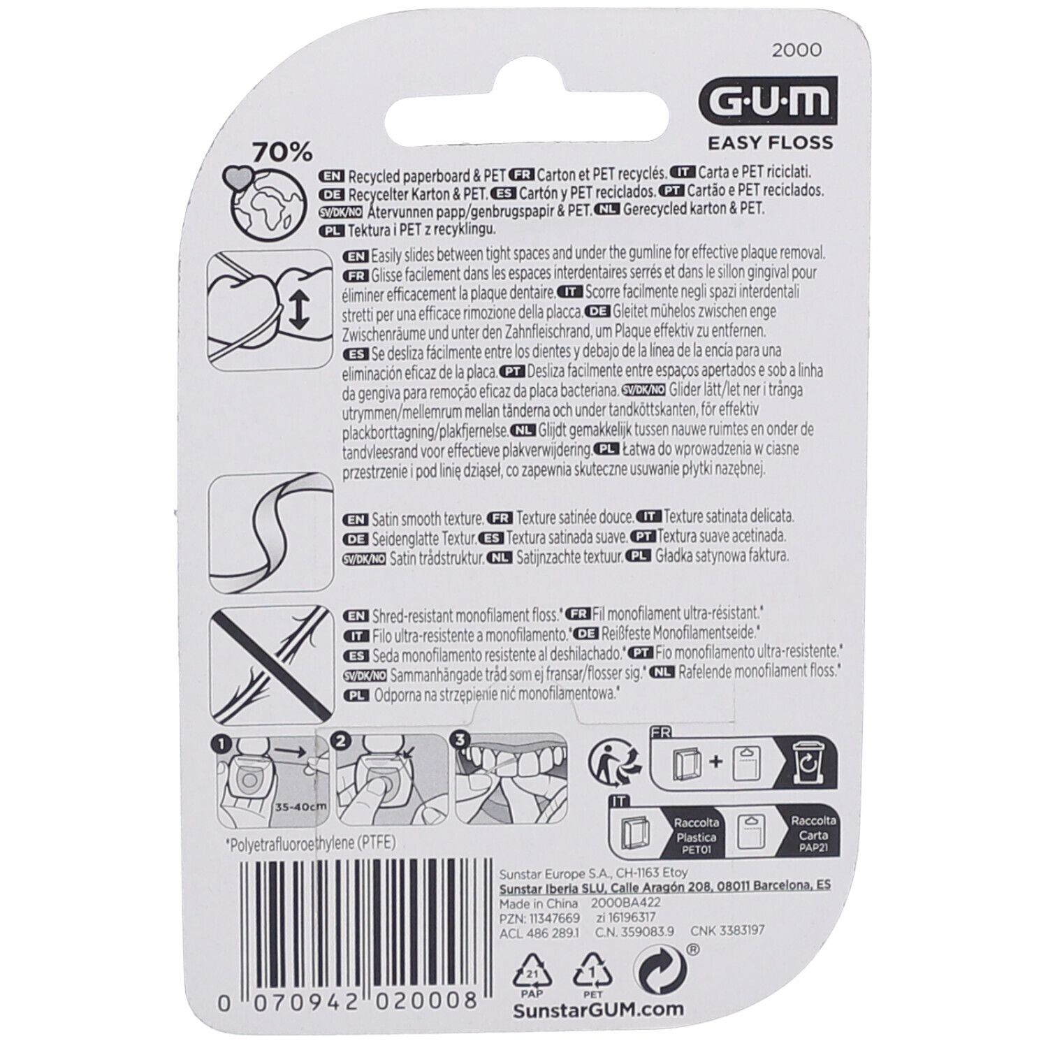 Retro della confezione GUM Easy Floss. Testo, illustrazioni per l'uso e informazioni sul riciclaggio. Nome e logo del prodotto.