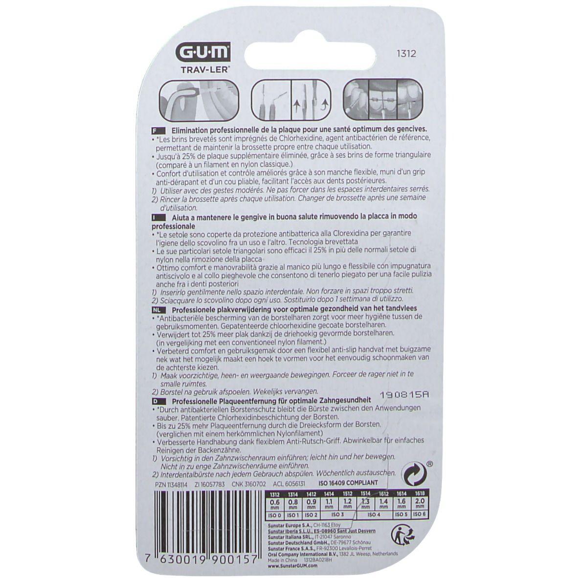 Retro confezione GUM Trav-ler. Informazioni testuali, istruzioni per l'uso e la cura. ISO 9001/13485.