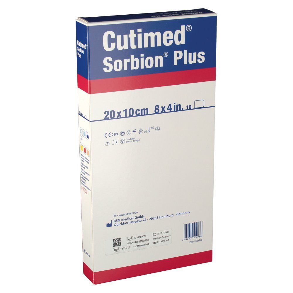 Confezione Cutimed Sorbion Plus. Nome prodotto, dimensioni 20x10cm, marchio CE e altre informazioni.