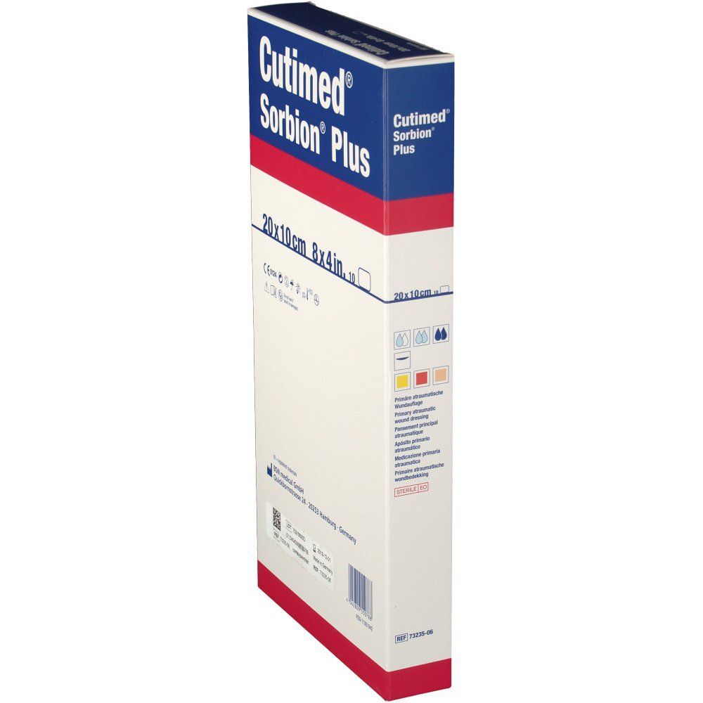 Vista laterale della confezione Cutimed Sorbion Plus. Visibili nome prodotto, dimensioni e istruzioni.