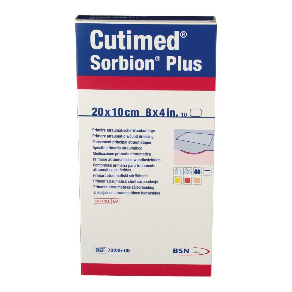 Confezione Cutimed Sorbion Plus. Nome prodotto, dimensioni 20x10cm, istruzioni e logo.
