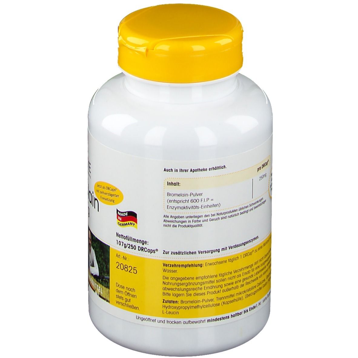 Retro del flacone bianco con tappo giallo. Testo: Bromelain-Pulver. Peso netto: 107g/250 DRcaps. Prodotto in Germania.