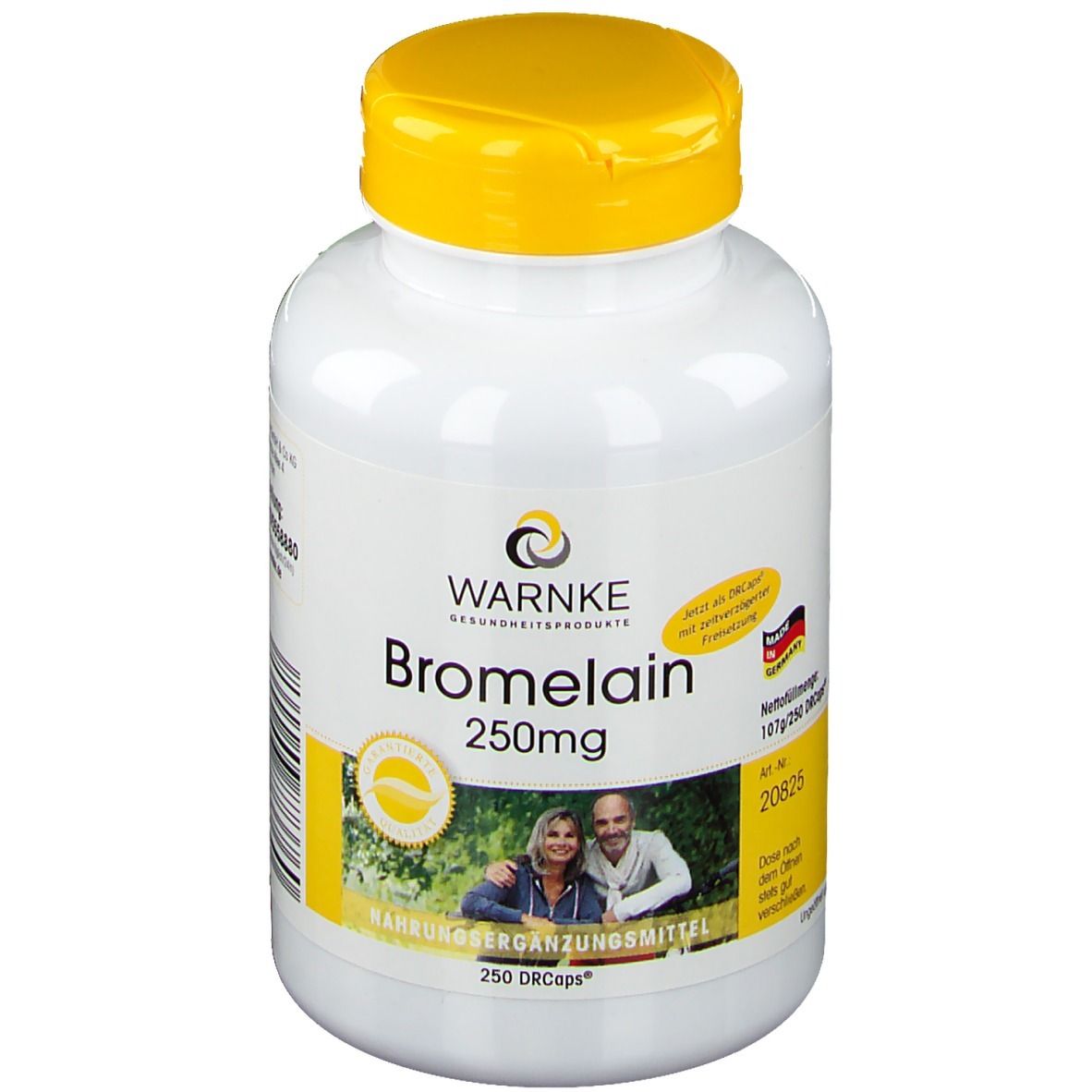 Flacone bianco con tappo giallo. Scritta: Warnke Bromelain 250mg. Contiene 250 DRcaps. Con foto di coppia.