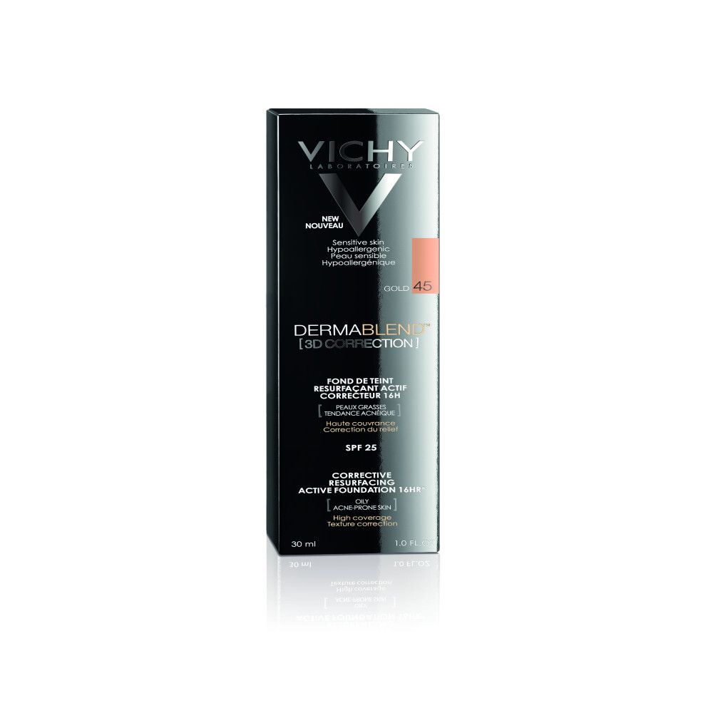 Scatola Vichy Dermablend 3D Correction, tonalità 45, SPF 25, 30 ml.