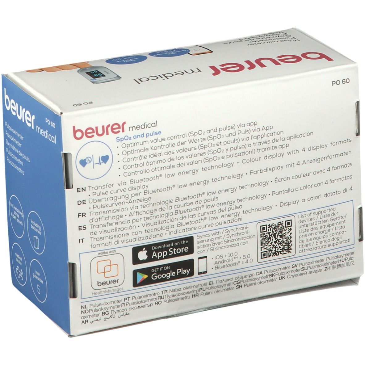 Retro della confezione Beurer Medical PO 60. Testo multilingue. Codice QR e loghi delle app.