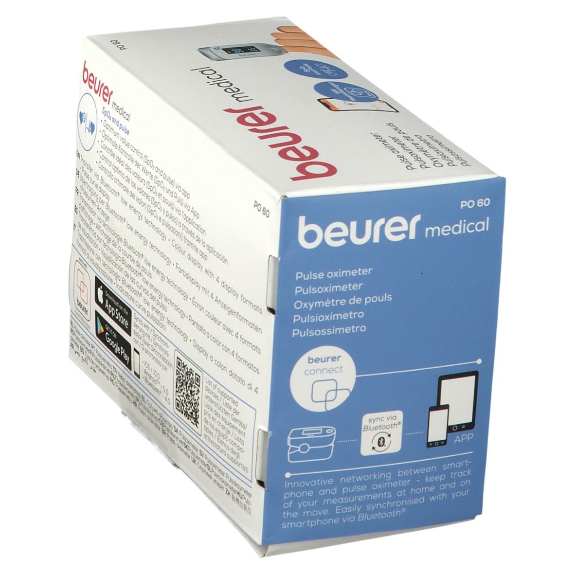 Confezione Beurer Medical PO 60. Logo Bluetooth. Integrazione app. Visualizzazione smartphone e tablet.