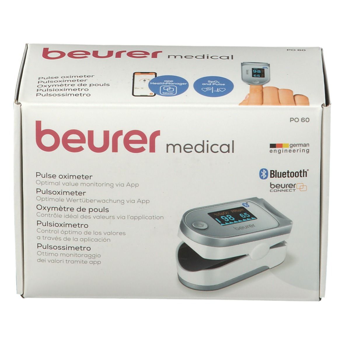 Confezione Beurer Medical PO 60. Pulsossimetro e confezione con testo e logo. Logo Bluetooth.