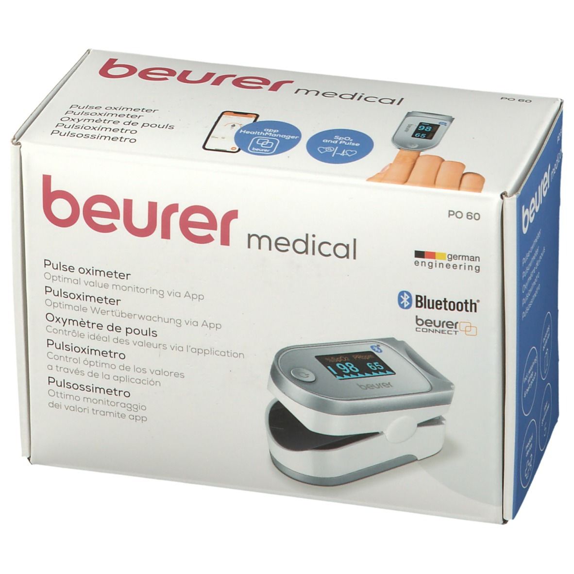 Confezione Beurer Medical PO 60. Pulsossimetro e confezione con testo e logo. Logo Bluetooth.