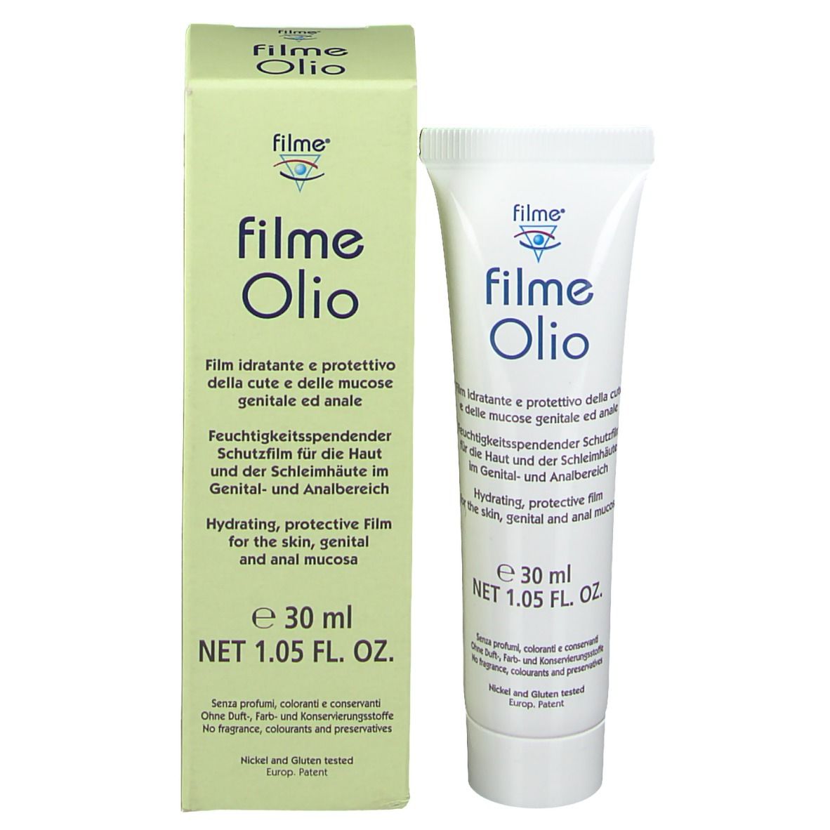Confezione del prodotto con tubo e scatola. Tubo e scatola con logo "filme Olio" e testo. 30 ml.