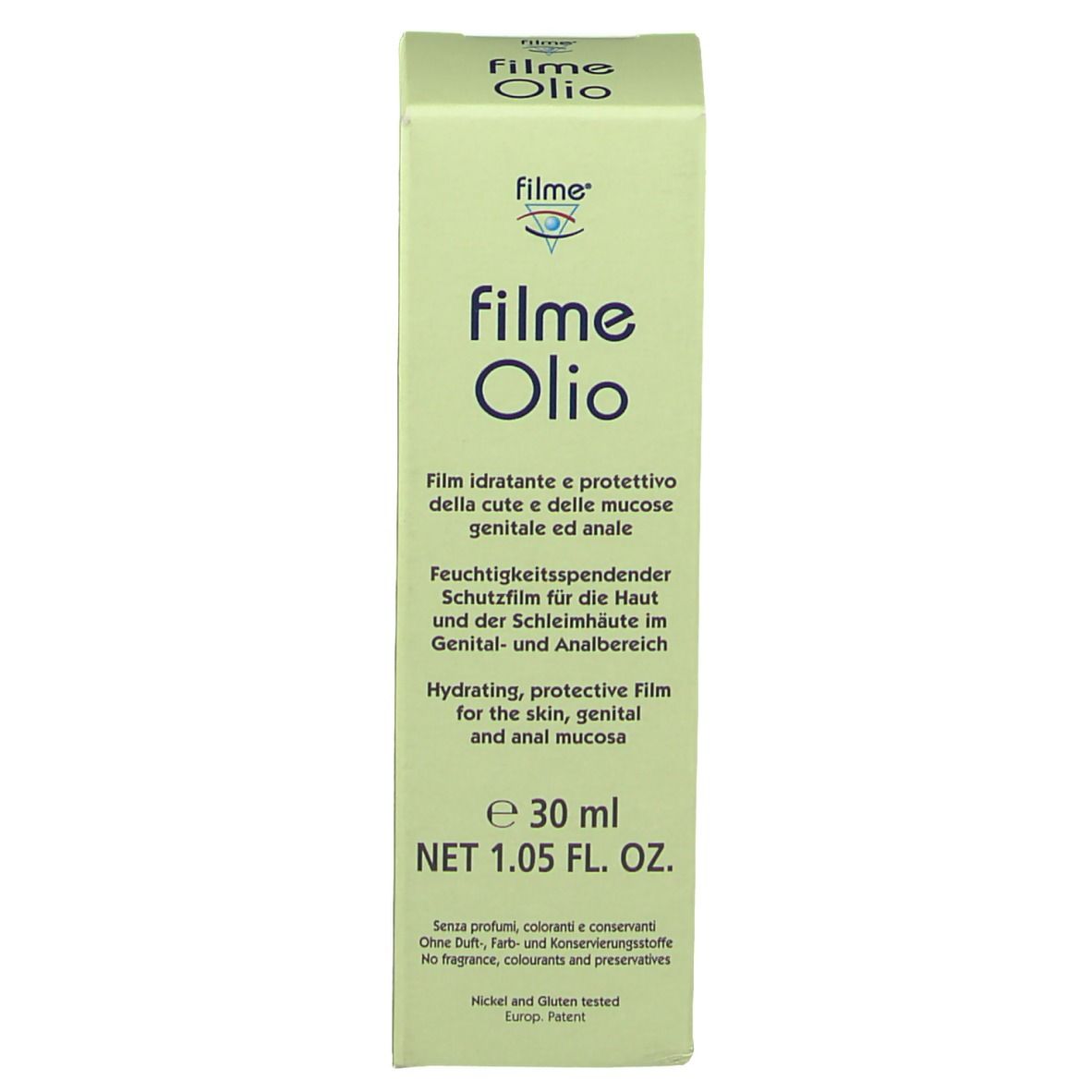 Scatola verde con logo "filme Olio" e testo. Contiene informazioni sul prodotto. 30 ml.