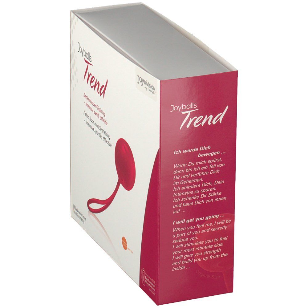 Confezione inclinata. Sfera rossa con anello. Scritta: Joyballs Trend. Testo in tedesco e inglese.