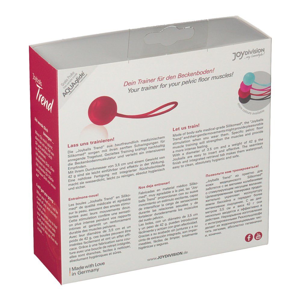 Retro della confezione. Sfera rossa con anello. Testo in più lingue. Illustrazioni.