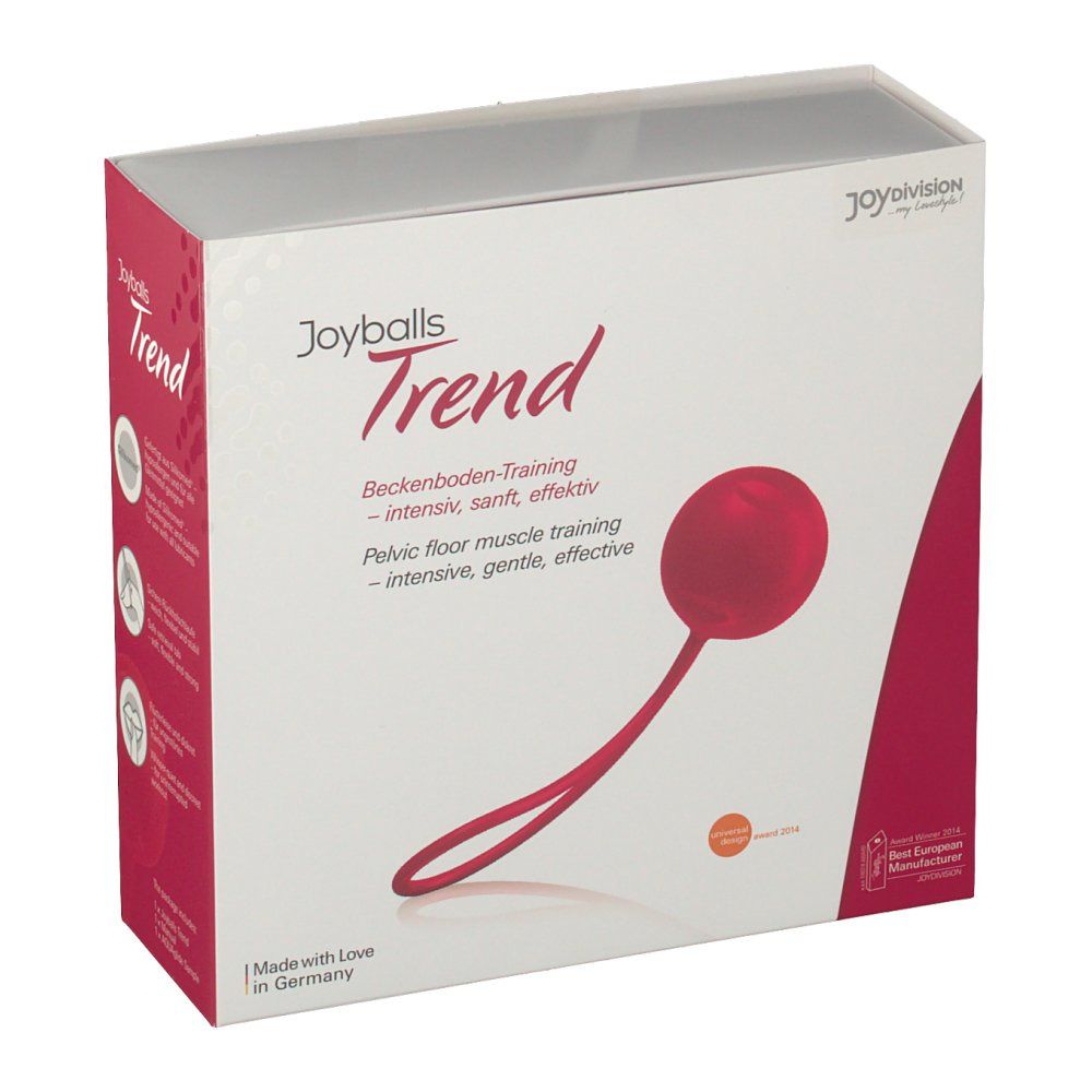 Confezione con prodotto. Sfera rossa con anello. Scritta: Joyballs Trend. Allenamento del pavimento pelvico.
