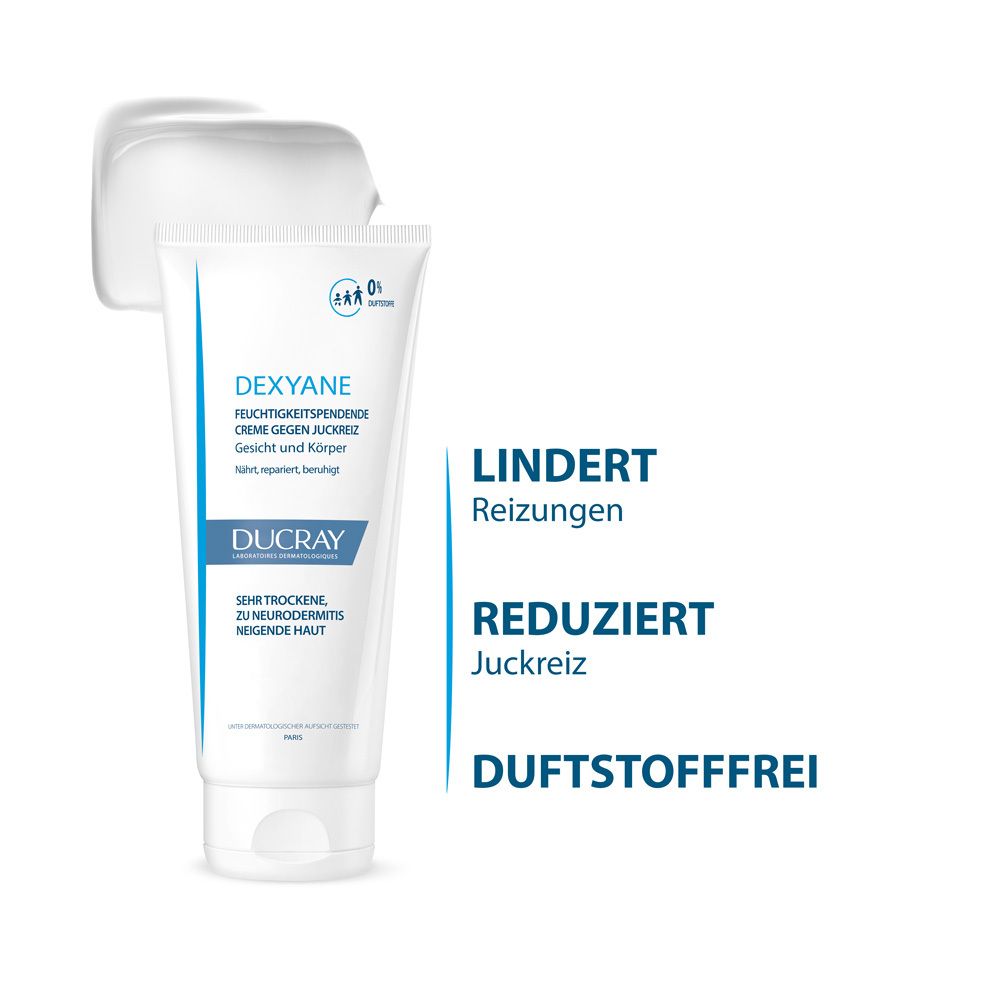 Crema bianca su sfondo bianco. Allevia le irritazioni, riduce il prurito, senza profumo.