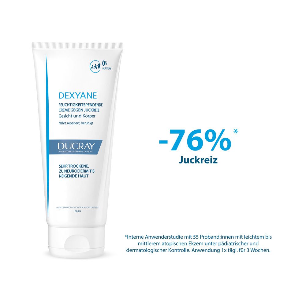 Tubo bianco con testo blu. DUCRAY DEXYANE crema anti-prurito. Riduce il prurito del 76%.