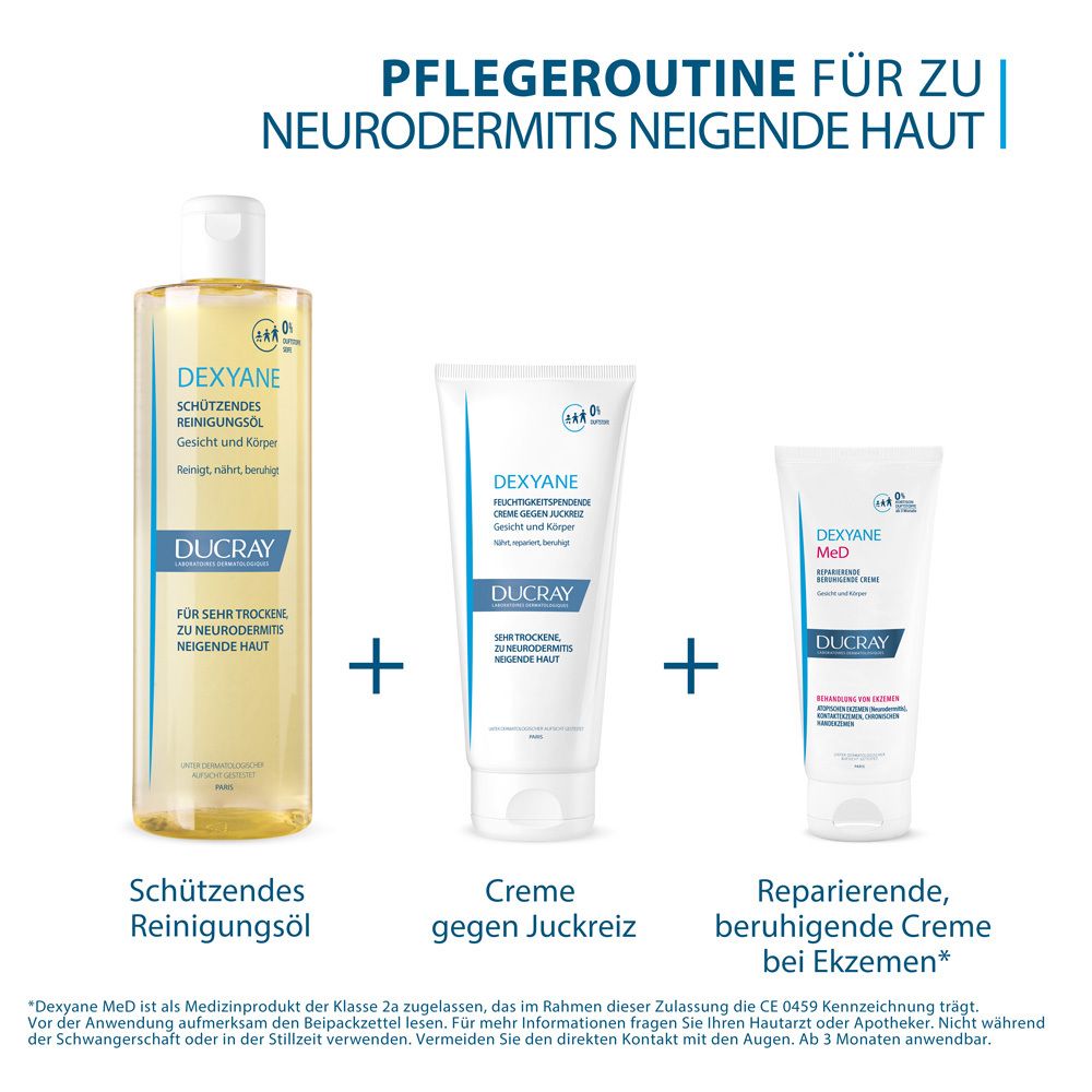 Tre prodotti: Olio detergente, crema anti-prurito, crema lenitiva. Per pelle a tendenza atopica.